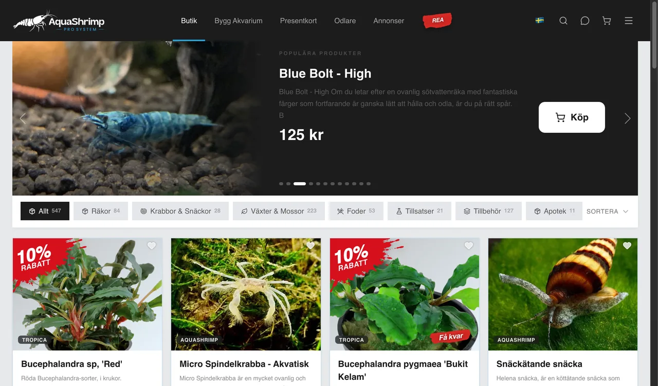 Startsidan för AquaShrimp